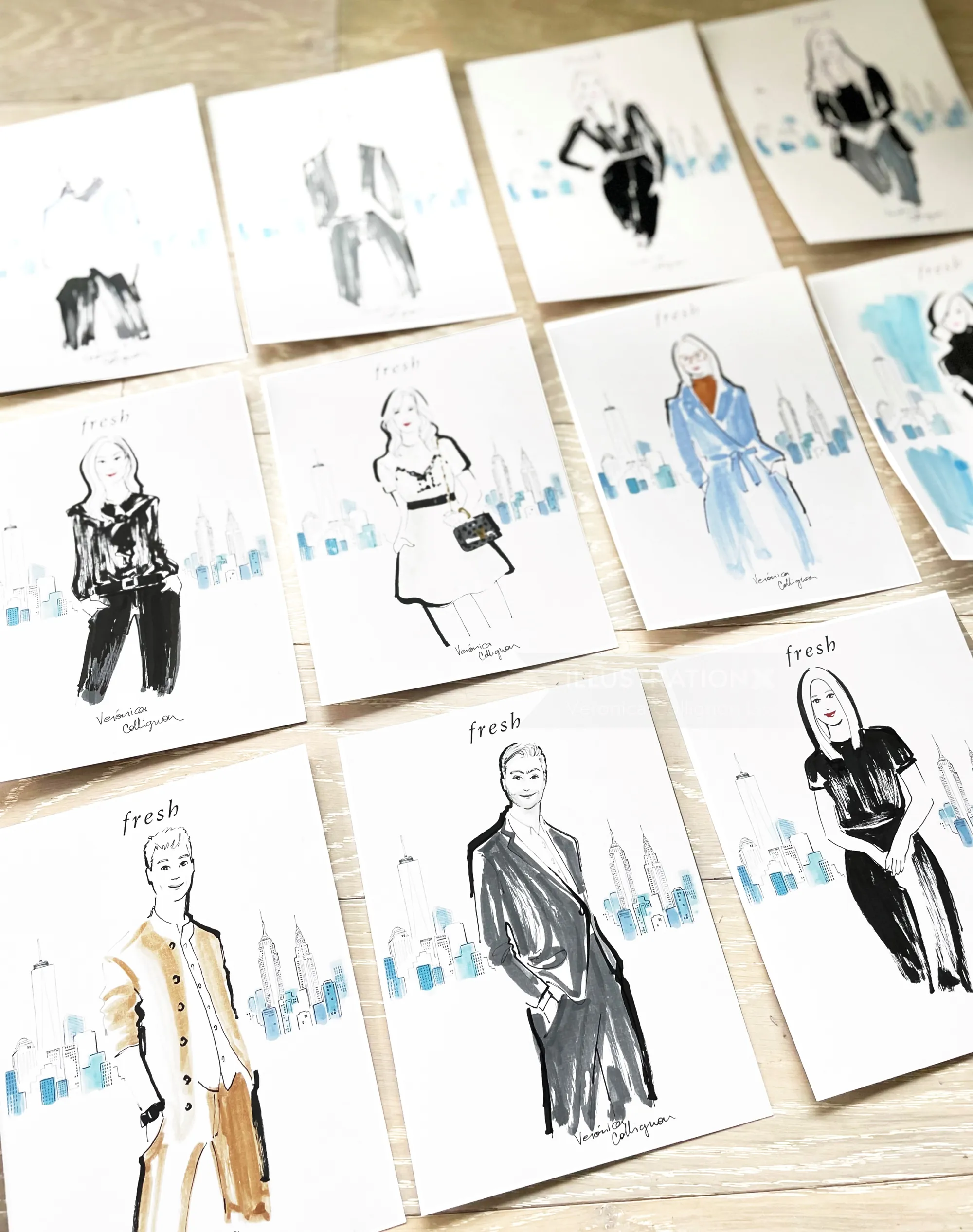 Fashion sketches featuring various outfits and poses on white sheets.