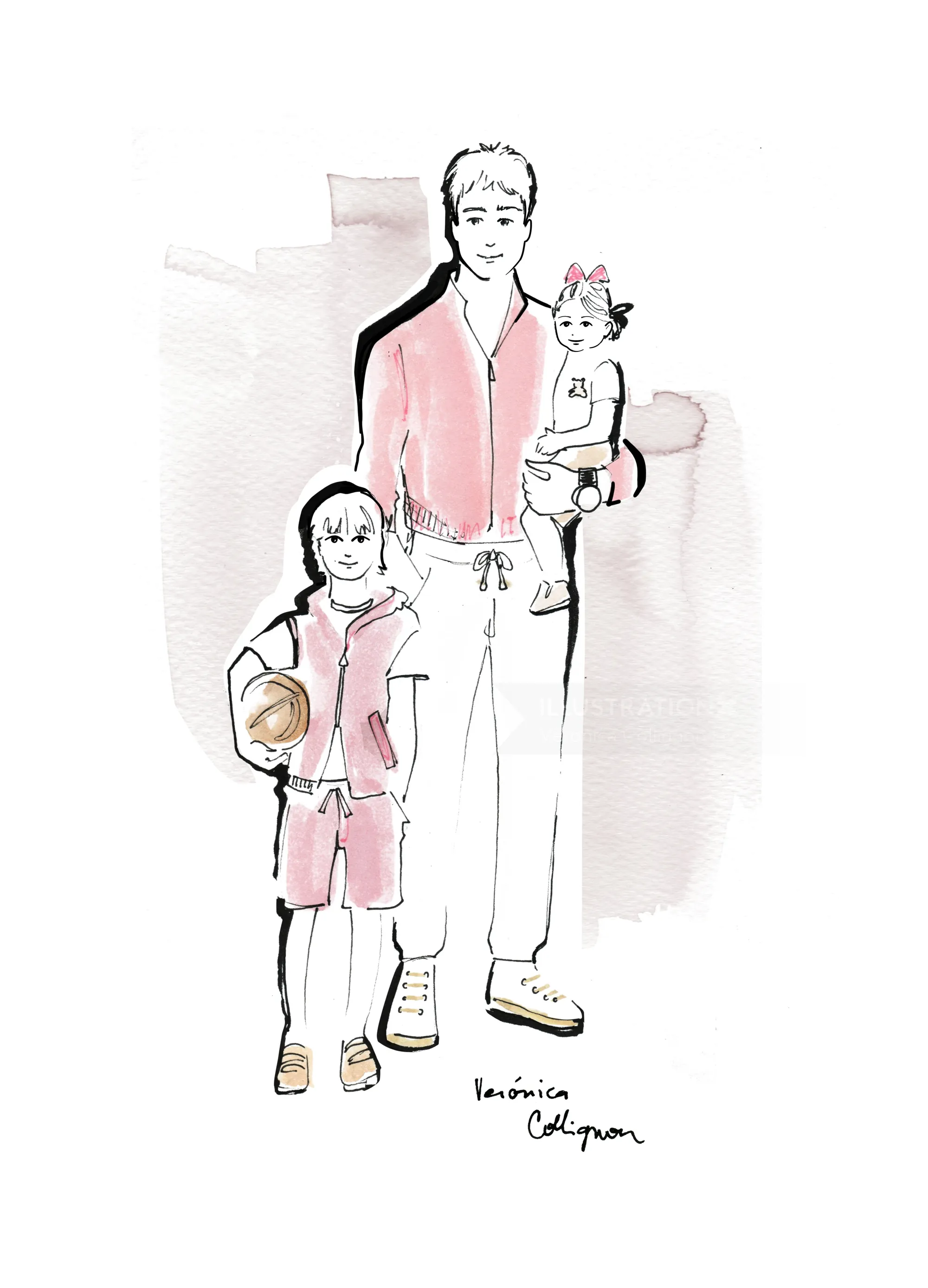 Father standing with two children, one holding a ball