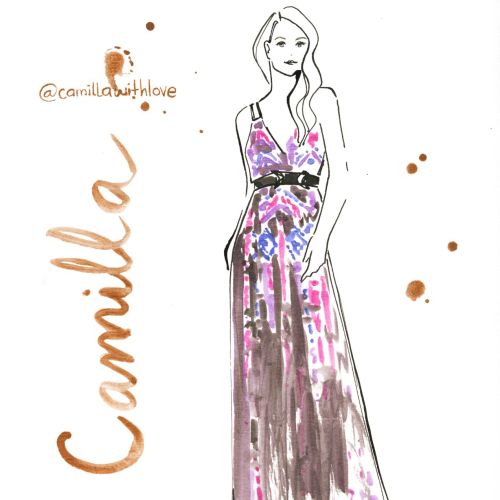 Woman wearing a long pink and purple floral evening gown