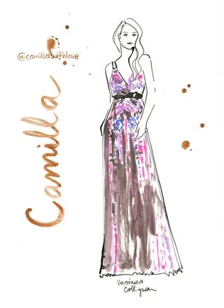 Woman wearing a long pink and purple floral evening gown
