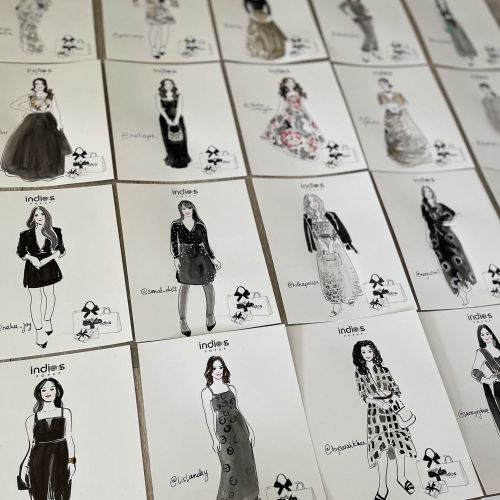 Fashion sketches of women in different dresses and outfits in black and white.