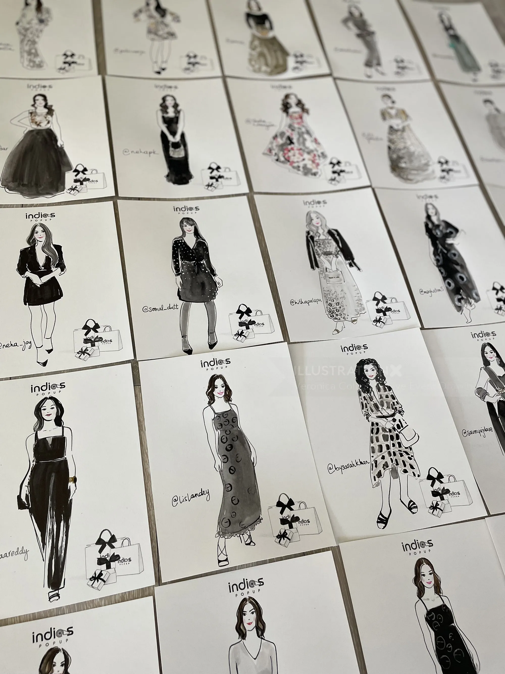 Fashion sketches of women in different dresses and outfits in black and white.