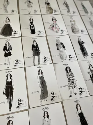 Fashion sketches of women in different dresses and outfits in black and white.