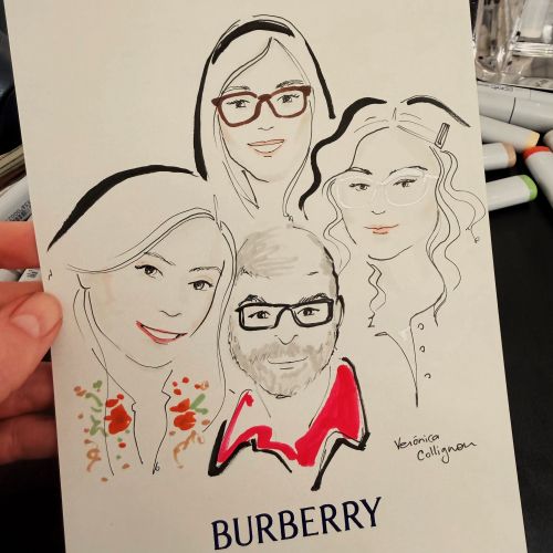 Caricature portrait of four people with Burberry logo by Veronica Collignon