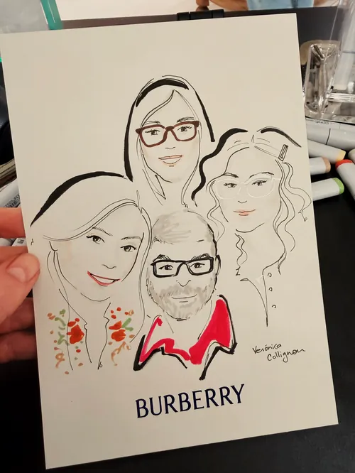 Caricature portrait of four people with Burberry logo by Veronica Collignon