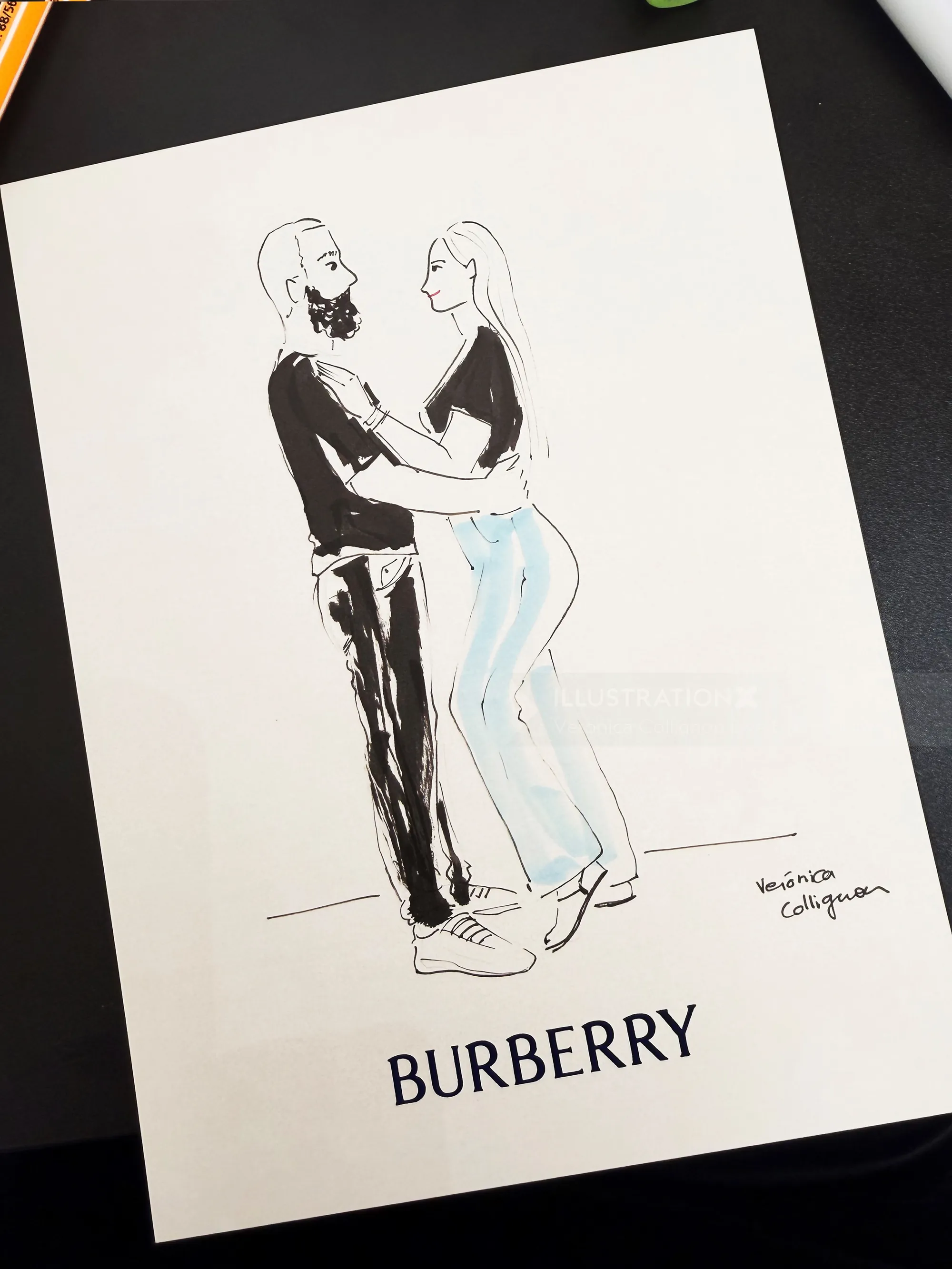 Minimalist couple sketch by Veronica Collignon with Burberry text
