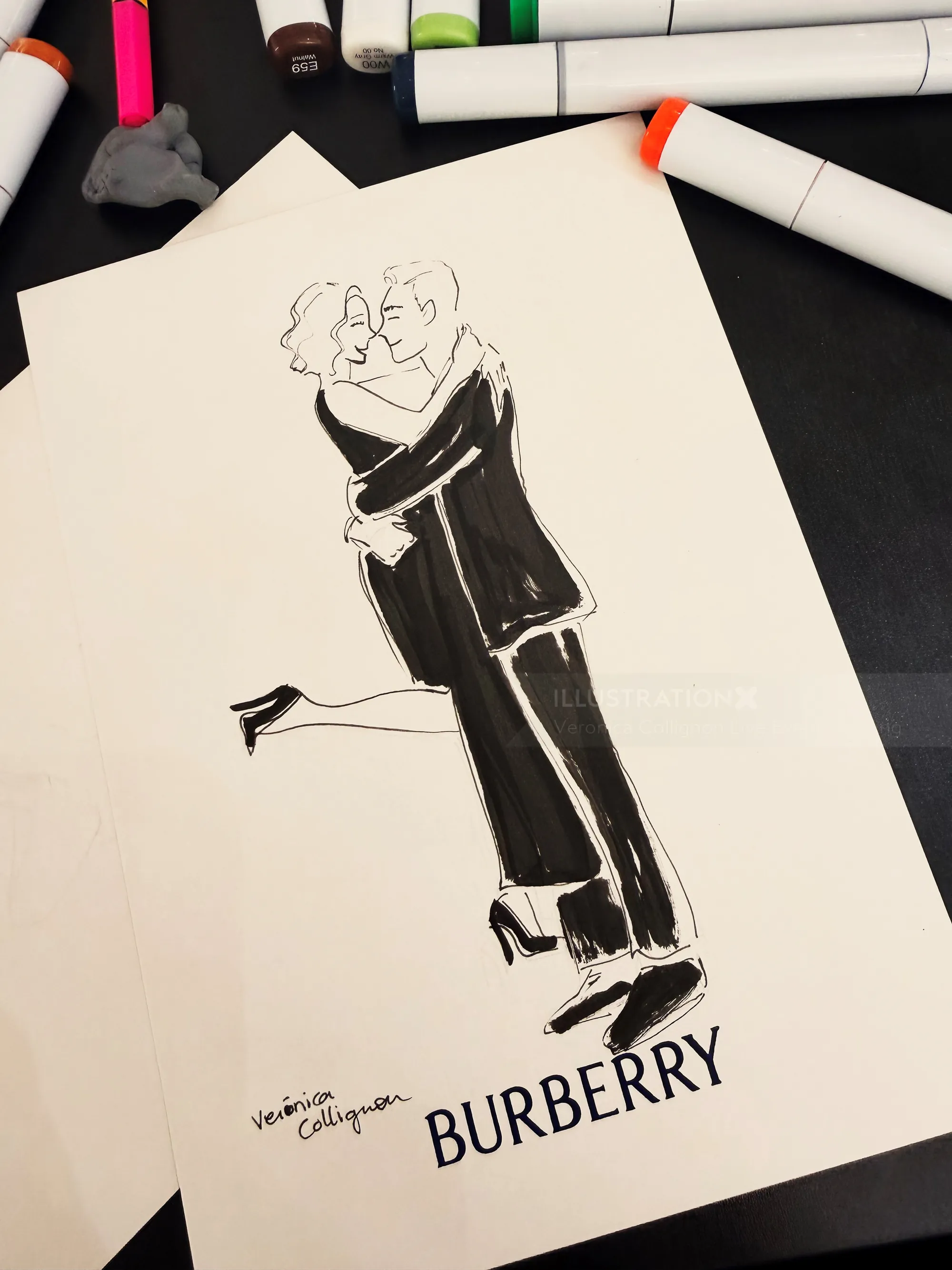 Black and white drawing of a couple embracing with Burberry logo by Veronica Collignon