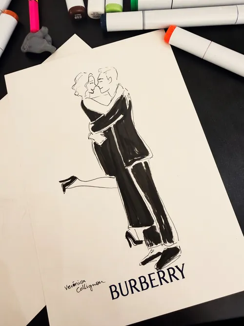 Black and white drawing of a couple embracing with Burberry logo by Veronica Collignon