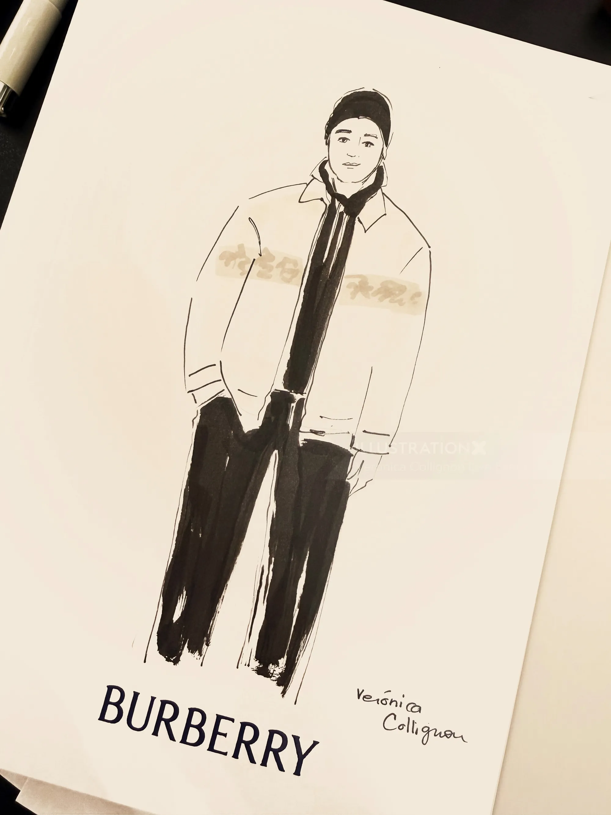 Fashion sketch of a Burberry model in jacket and pants by Veronica Collignon