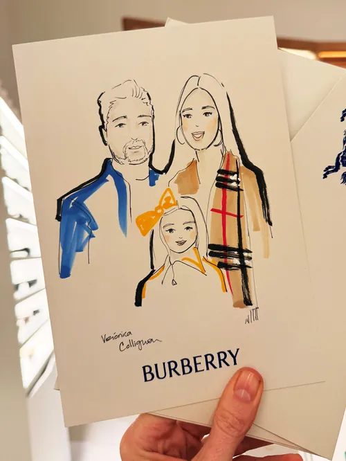 Hand-drawn family portrait sketch by Veronica Collignon with Burberry text