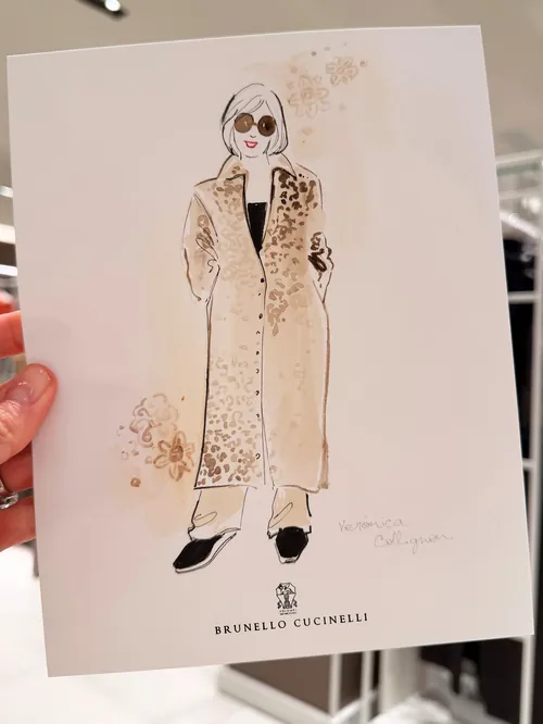 Veronica Collignon drawing of a fashion figure in a Brunello Cucinelli coat