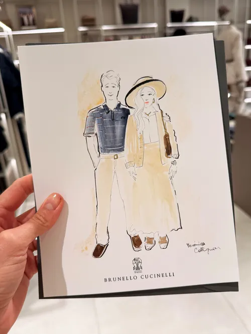 Veronica Collignon sketch of two fashion figures for Brunello Cucinelli