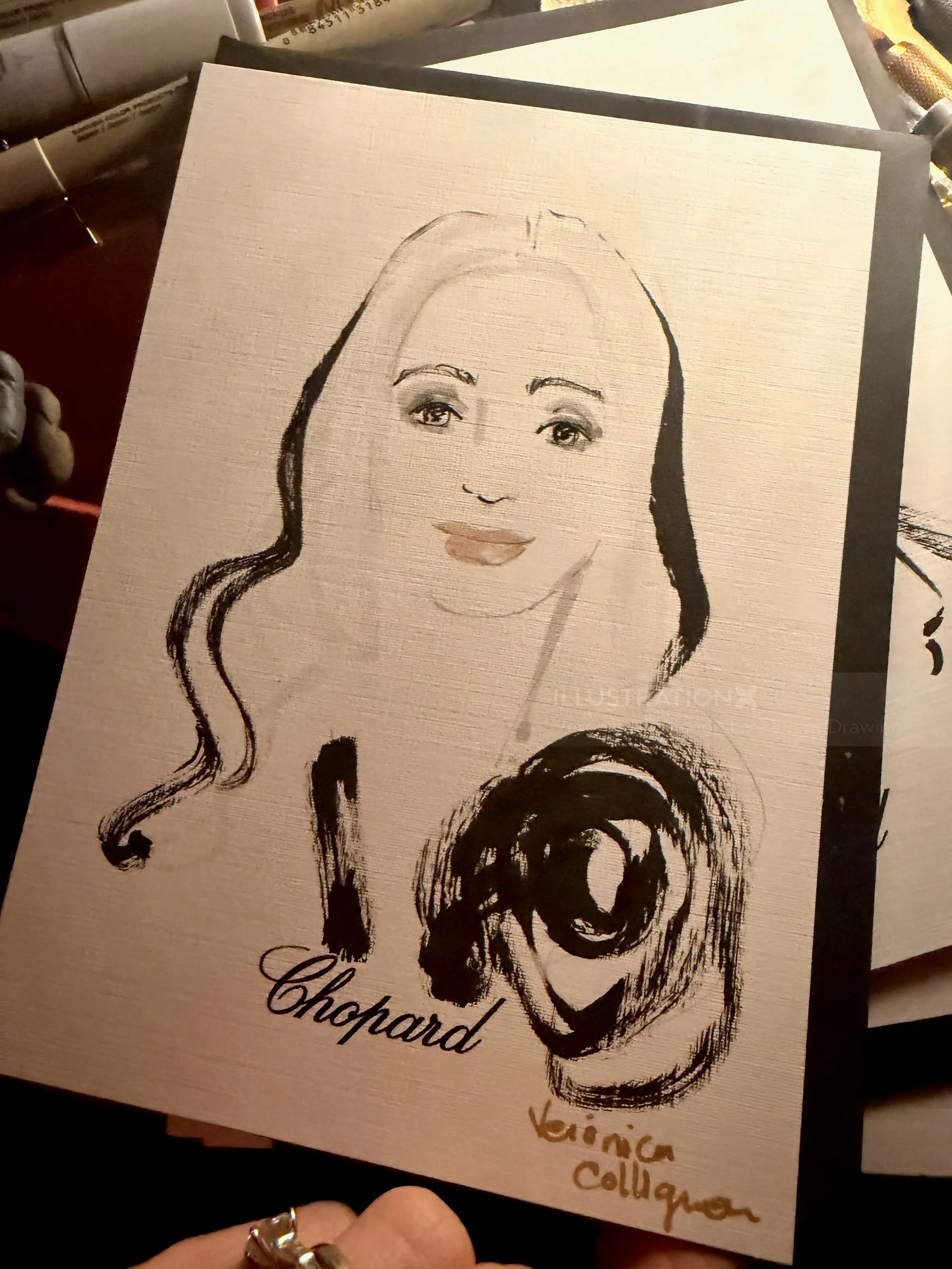 Veronica Collignon sketch of a woman with a floral design and Chopard logo