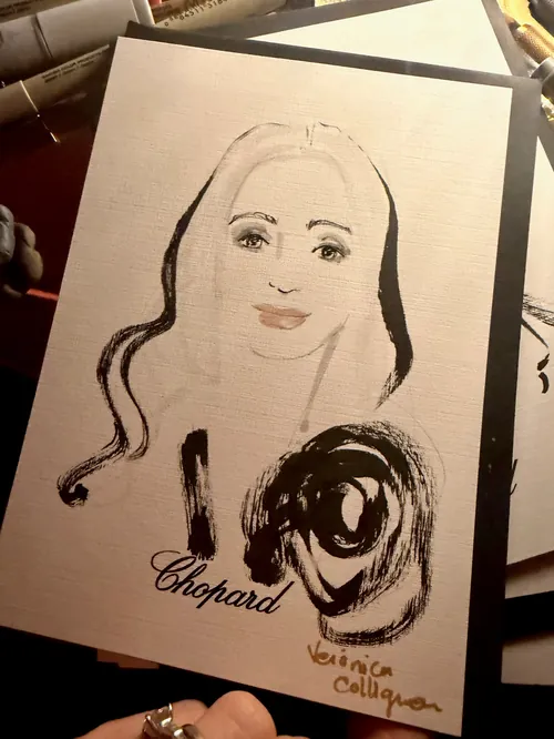 Veronica Collignon sketch of a woman with a floral design and Chopard logo