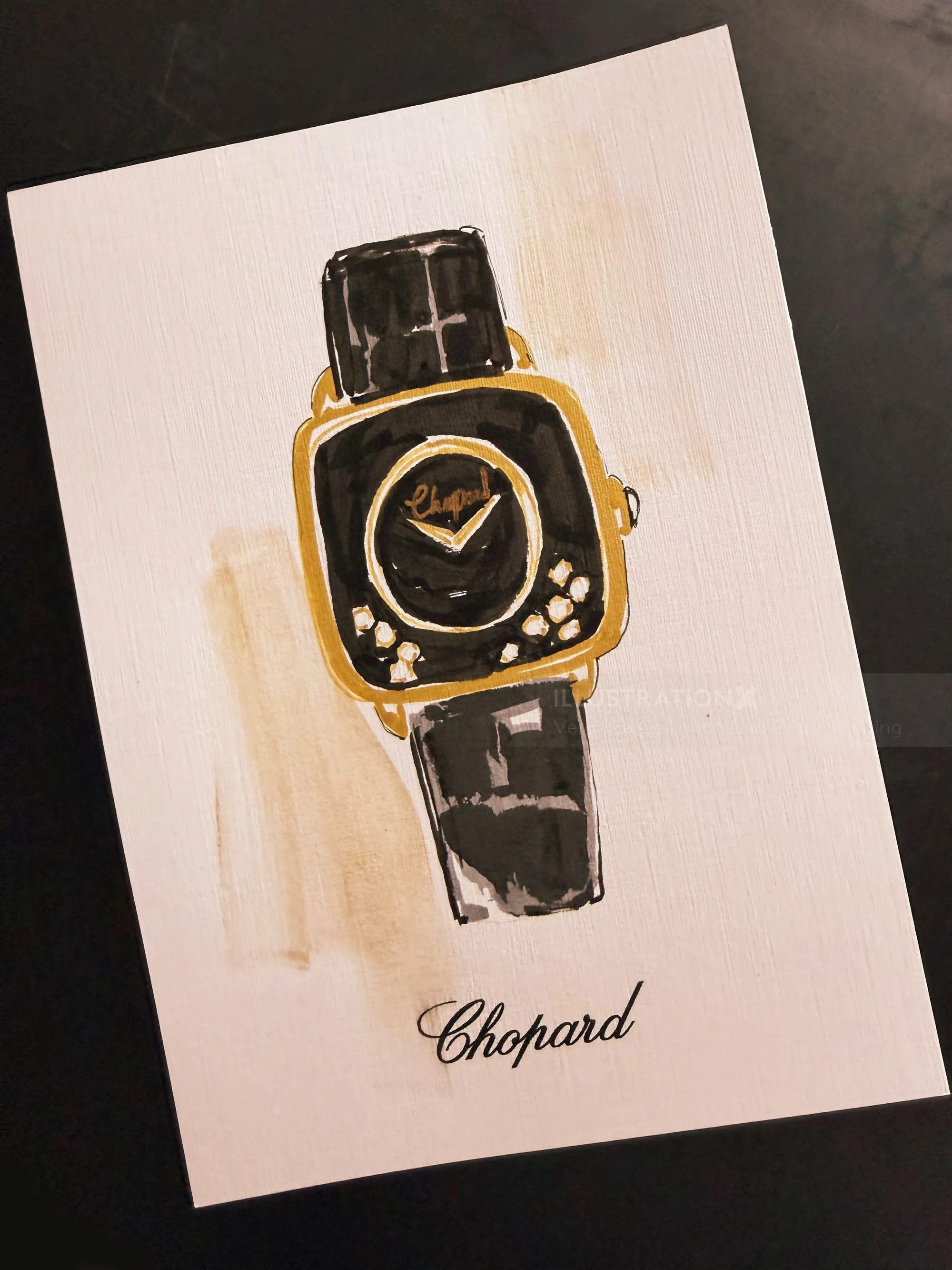 Veronica Collignon illustration of a black and gold Chopard watch