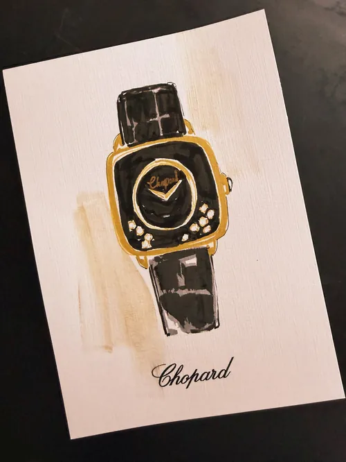 Veronica Collignon illustration of a black and gold Chopard watch