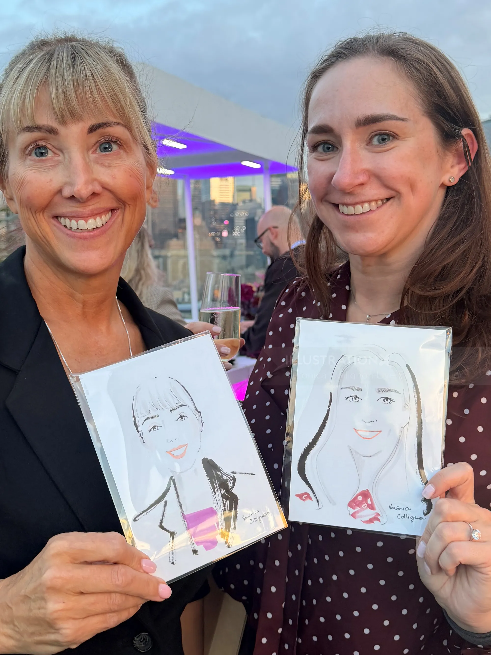 Veronica Collignon Live Event Drawing artist with a woman holding portrait sketches