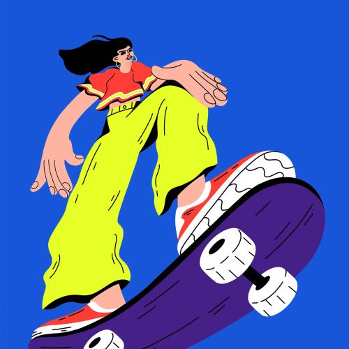 Exaggerated figure of a young female on a skateboard
