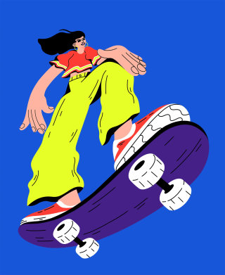Figura exagerada de una mujer joven sobre una patineta.
