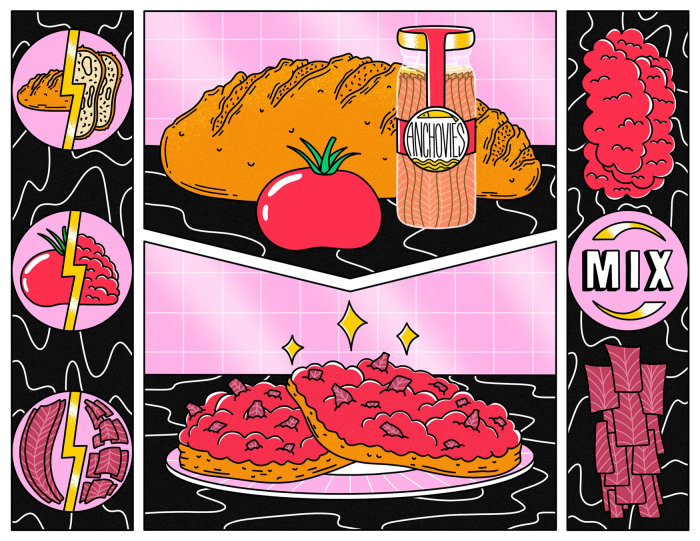 Illustration numérique de la recette du sandwich anchois-tomate