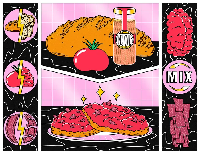 アンチョビとトマトのサンドイッチのレシピのデジタルイラスト