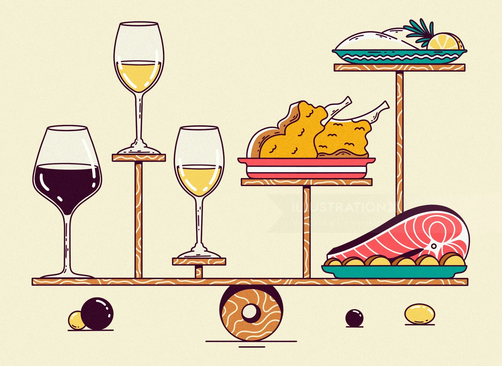 Wine glasses and food items balancing on a seesaw by Veronika Kiriyenko