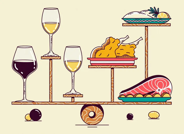 Wine glasses and food items balancing on a seesaw by Veronika Kiriyenko