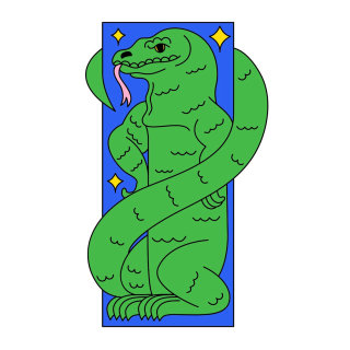 El dragón de Komodo verde envuelve su cola alrededor del fondo