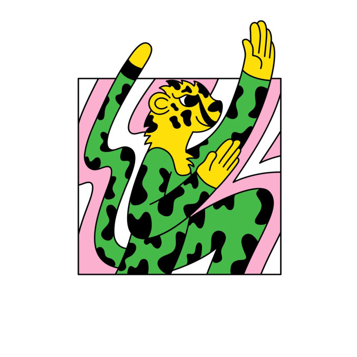 Cartoonish cheetah in a green onesie