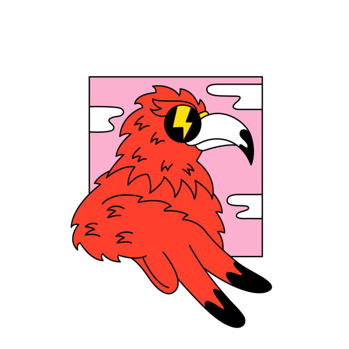 Red cartoon eagle shows peace gesture