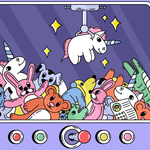 claw machine with different toys inside. The viewer pulls the unicorn