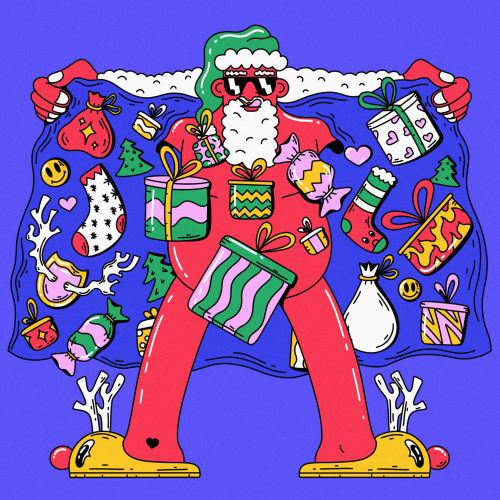 A naked santa in dark glasses and a reindeer slipper opens his robe and shows gifts attached to his 