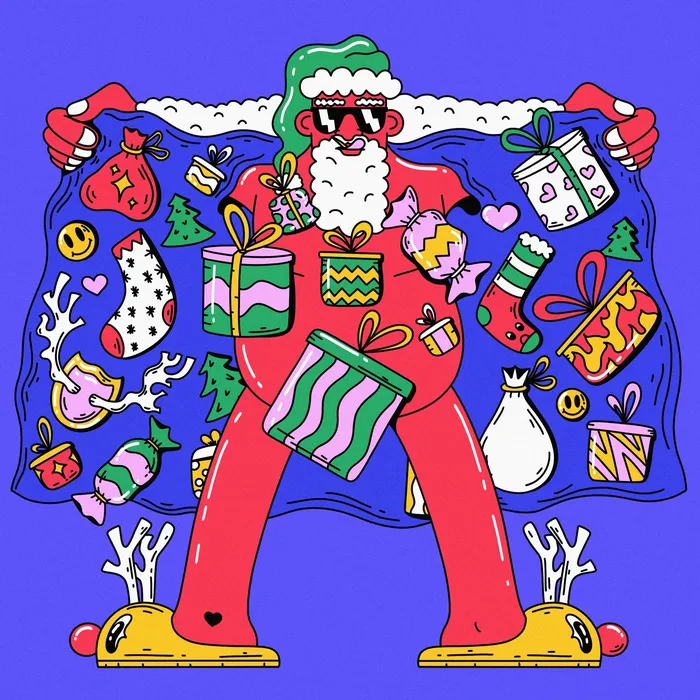 Naked Santa with a reindeer slipper lifts his robe to reveal goodies