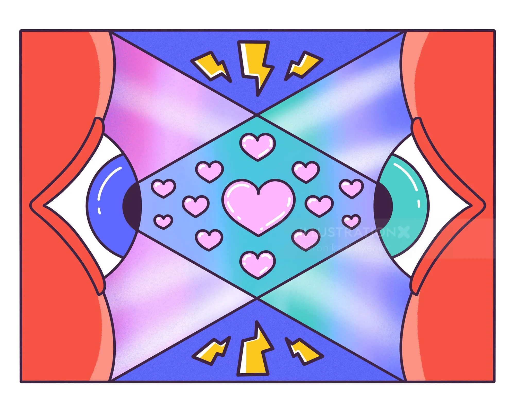 love postcard, two eyes looking at each other, hears, thunder bolts