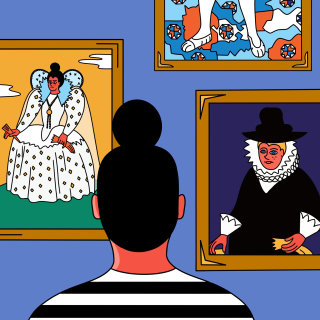 viagem, ilustração, mulher olhando retratos em uma galeria