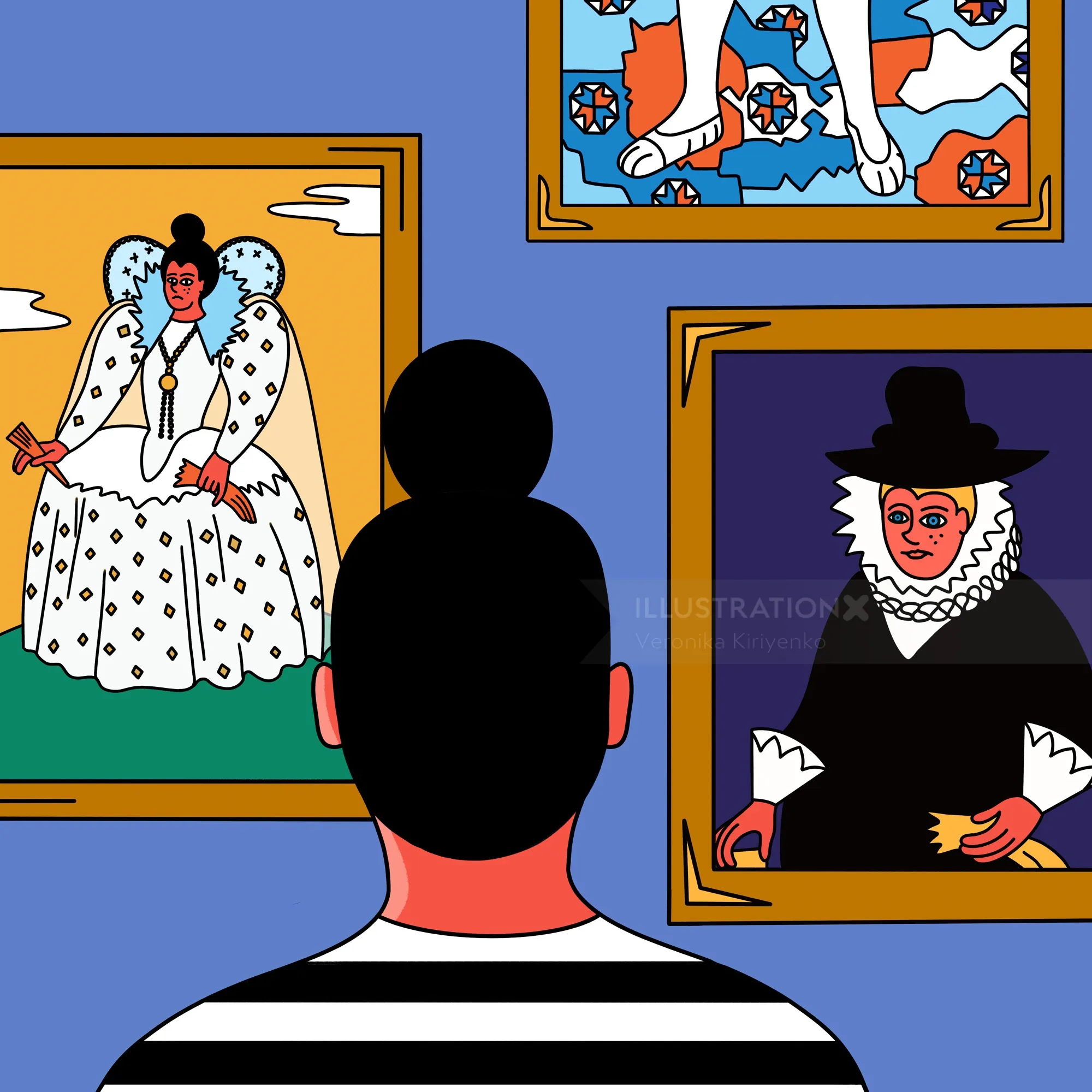 travel, ullustration, female looking at portraits in a gallery