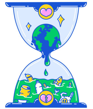 hourglass, melting earth inside on the top, poisoned water with garbage, dead fish and plastic bags 