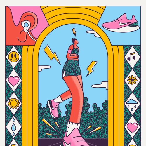 cartel sobre correr. auriculares, zapatillas y agua.
