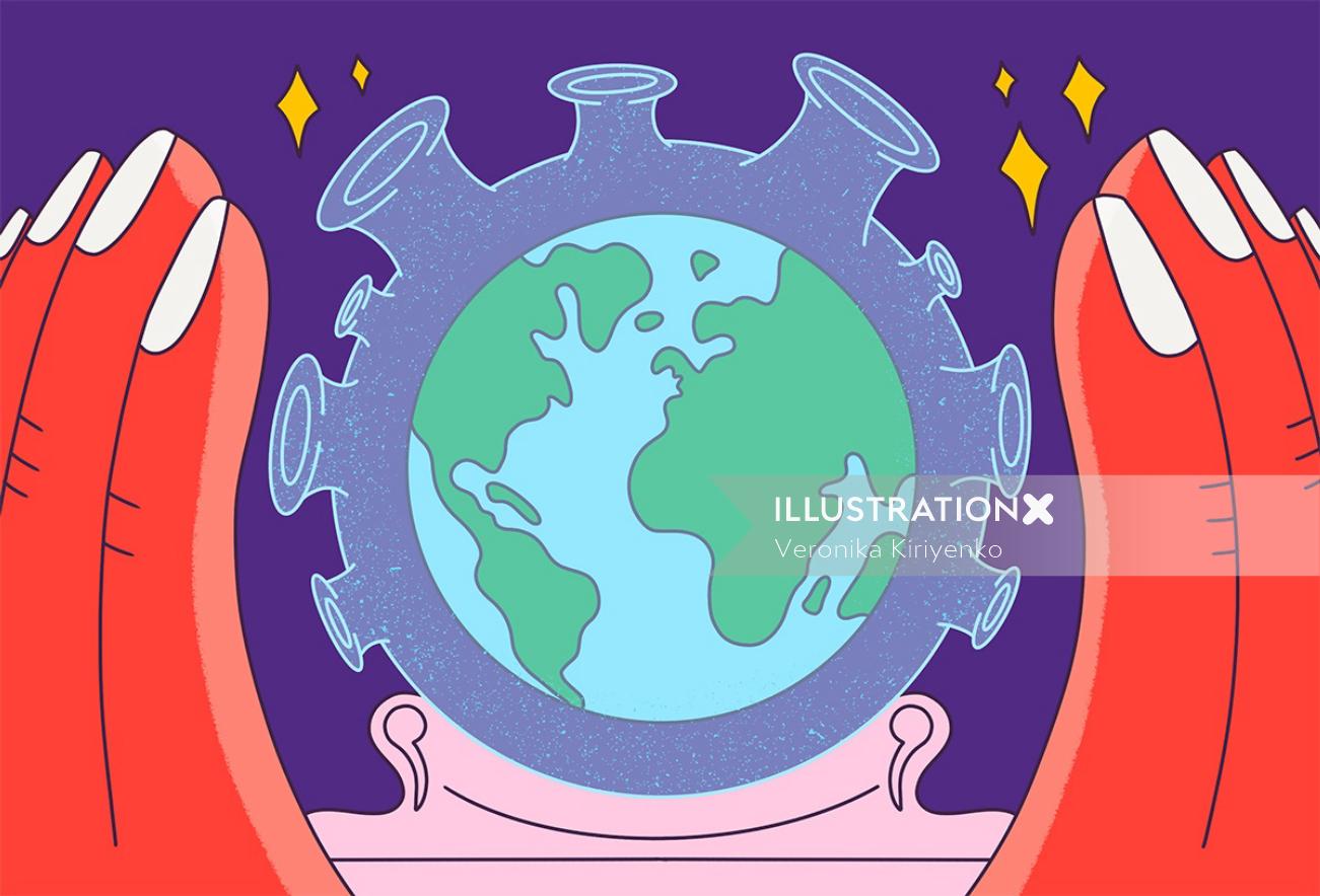 コロナウイルスの形をしたガラス玉に占い師の手があり、中に地球が示されています