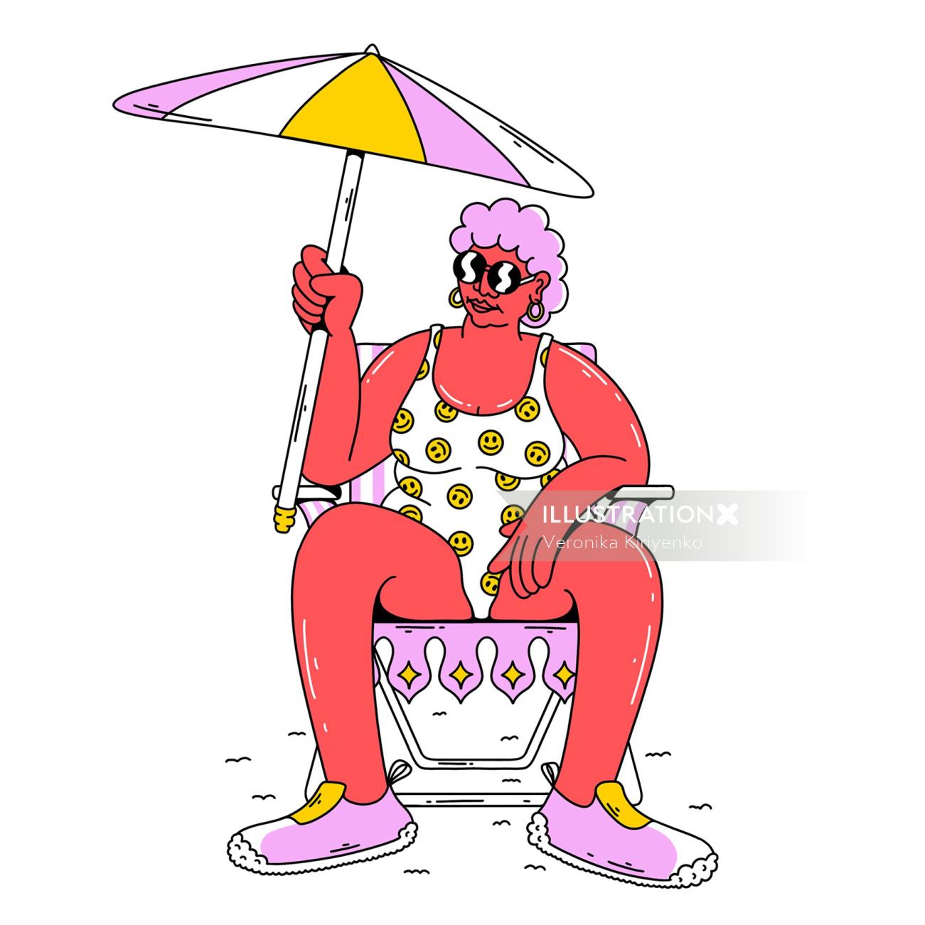 傘を手にビーチチェアに座っている女性。