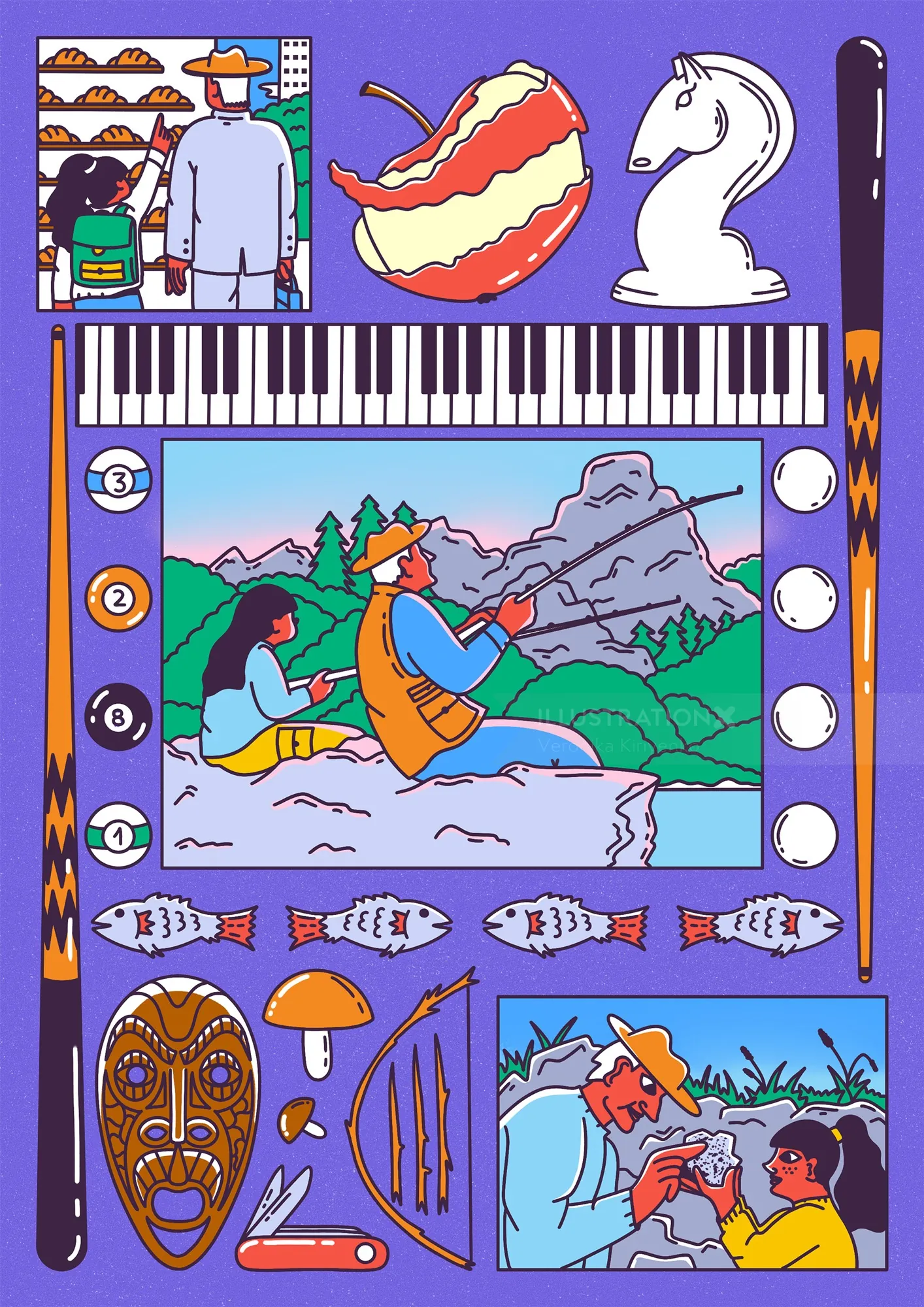 Digital collage of memories with mountains, music, and cultural icons by Veronika Kiriyenko