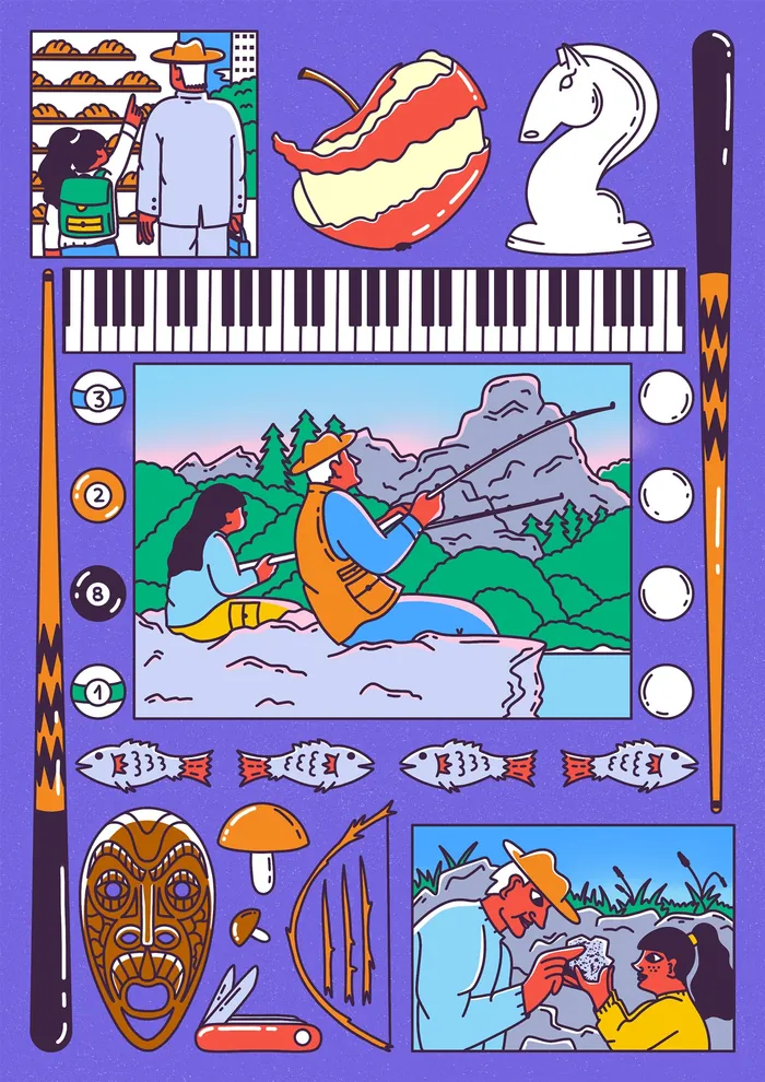 Digital collage of memories with mountains, music, and cultural icons by Veronika Kiriyenko