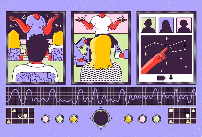 Three screen interface. On each of the screens, a different way of schooling takes place (classic, i