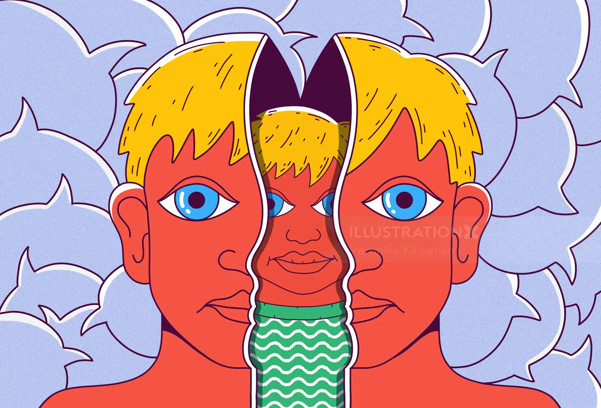 Illustration of child between two large adult faces by Veronika Kiriyenko