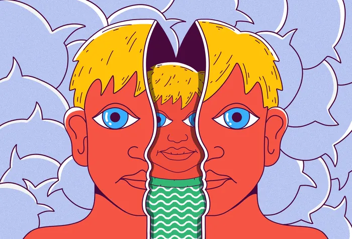 Illustration of child between two large adult faces by Veronika Kiriyenko