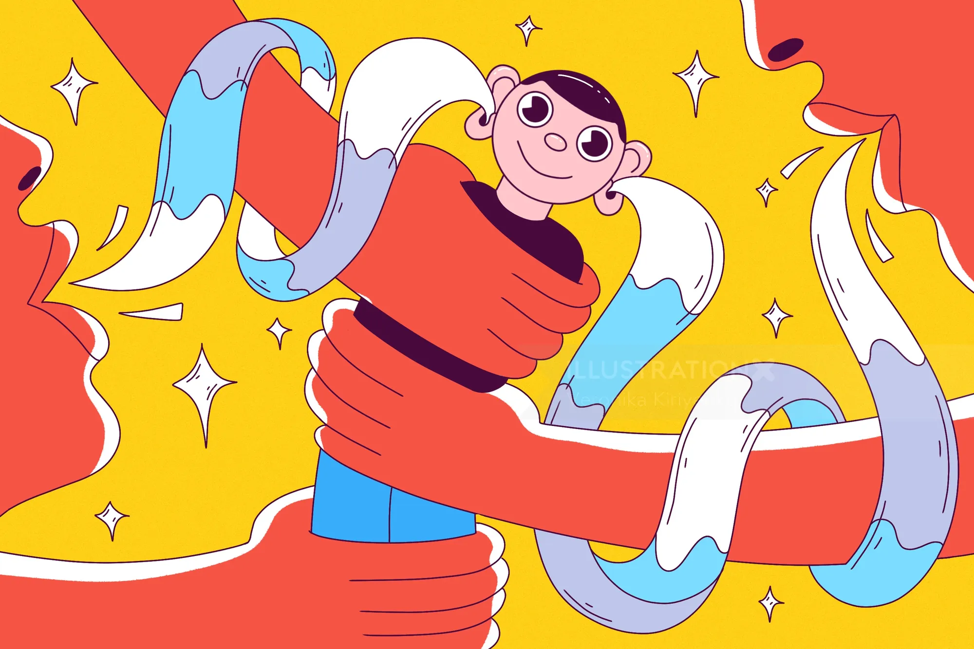 Editorial illustration of boy wrapped in a ribbon symbolizing listening by Veronika Kiriyenko