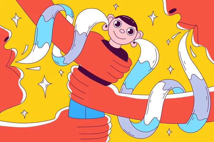Editorial illustration of boy wrapped in a ribbon symbolizing listening by Veronika Kiriyenko