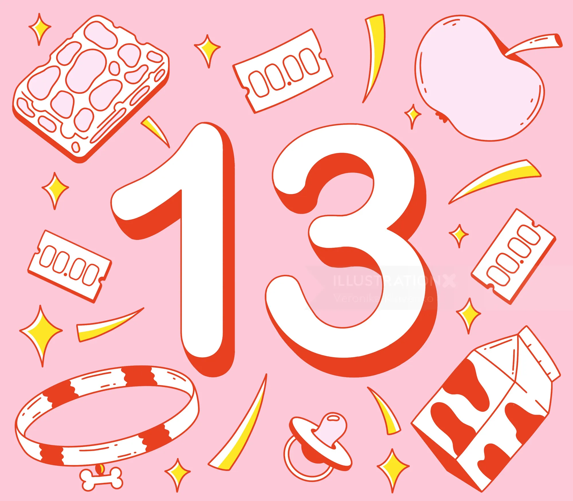 Illustration of number 13 surrounded by baby items by Veronika Kiriyenko