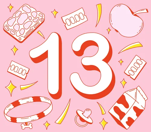 Illustration of number 13 surrounded by baby items by Veronika Kiriyenko