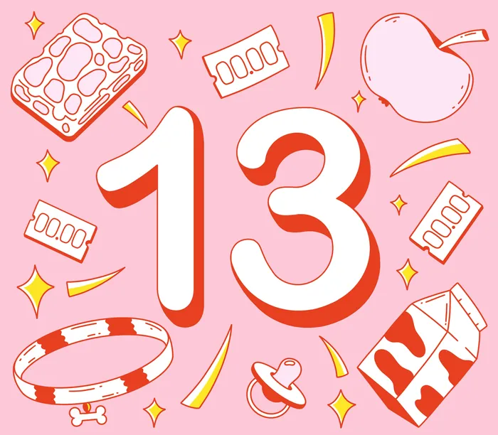 Illustration of number 13 surrounded by baby items by Veronika Kiriyenko